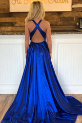 Simple V Neck Blue Prom Dress Satin Long Formal Evening Dress