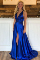Simple V Neck Blue Prom Dress Satin Long Formal Evening Dress