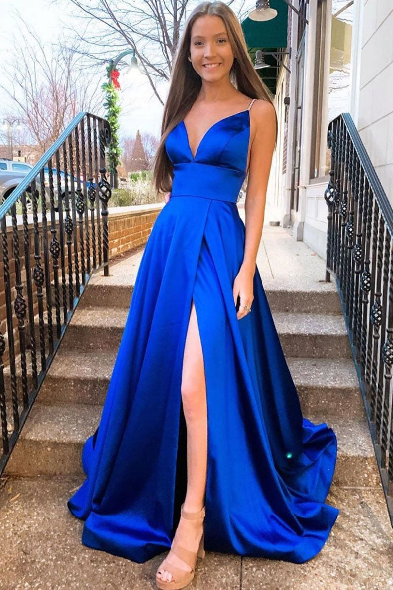 Simple V Neck Blue Prom Dress Satin Long Formal Gown Evening Dress