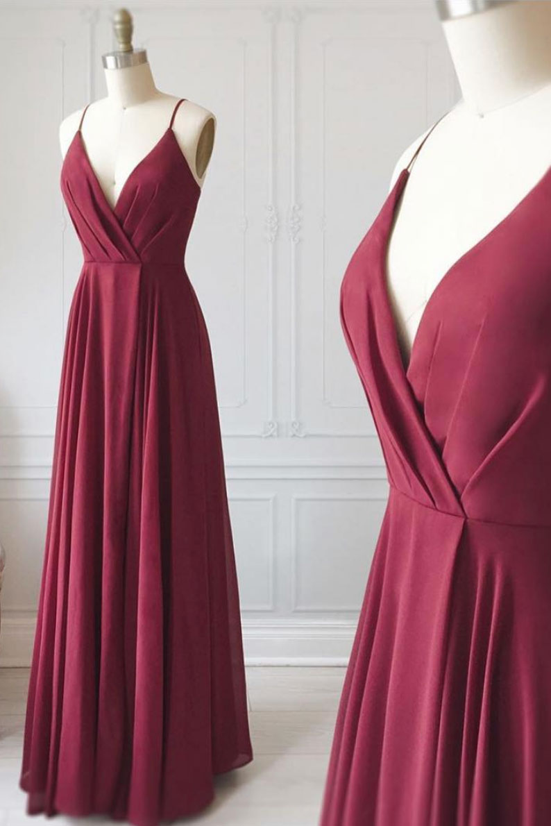 Simple V Neck Bridesmaid Dress Burgundy Long Prom Evening Dress
