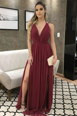 Simple V Neck Burgundy Prom Dress Tulle Long Formal Gown Evening Dress