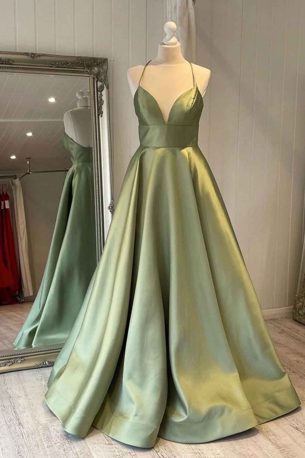 Simple V Neck Green Prom Dress Satin Long Formal Gown Evening Dress