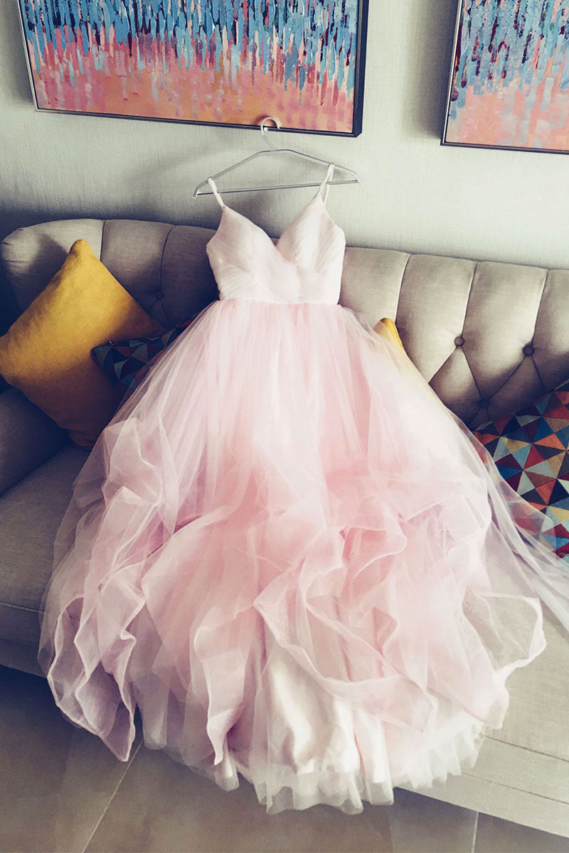 Simple V Neck Homecoming Dress Tulle Pink Evening Dress