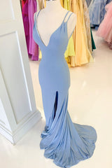 Simple V Neck Mermaid Long Blue Prom Dress Evening Dress
