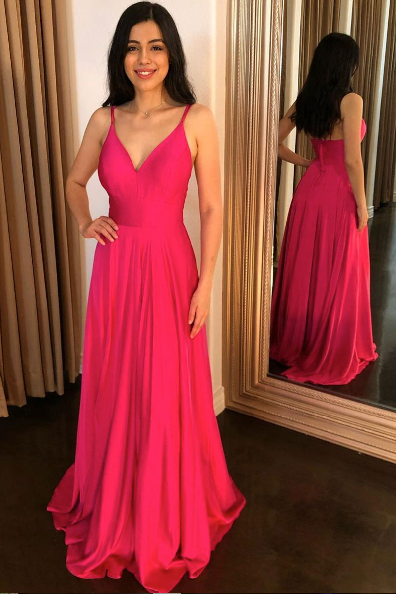 Simple V Neck Pink Prom Dress Long Formal Gown Evening Dress