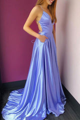 Simple V Neck Prom Dress Backless Long A Line Formal Evening Dress
