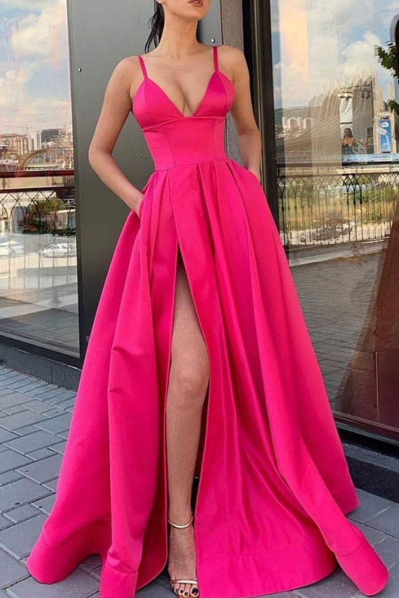 Simple V Neck Prom Dress Satin Long Formal Gown Evening Dress