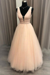 Simple V Neck Prom Dress Tulle Long Formal Gown Evening Dress