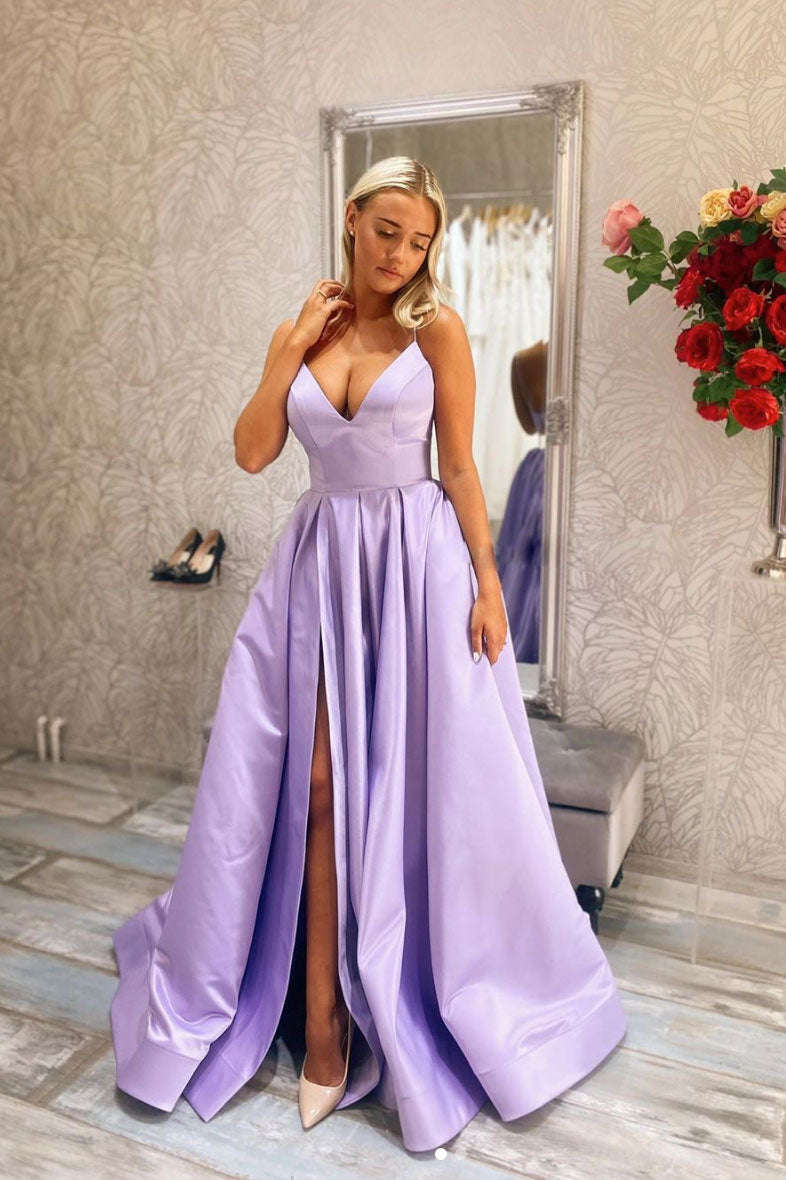 Simple V Neck Purple Prom Dress Satin Long Evening Dress