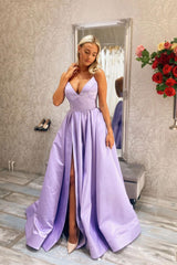 Simple V Neck Purple Prom Dress Satin Long Evening Dress