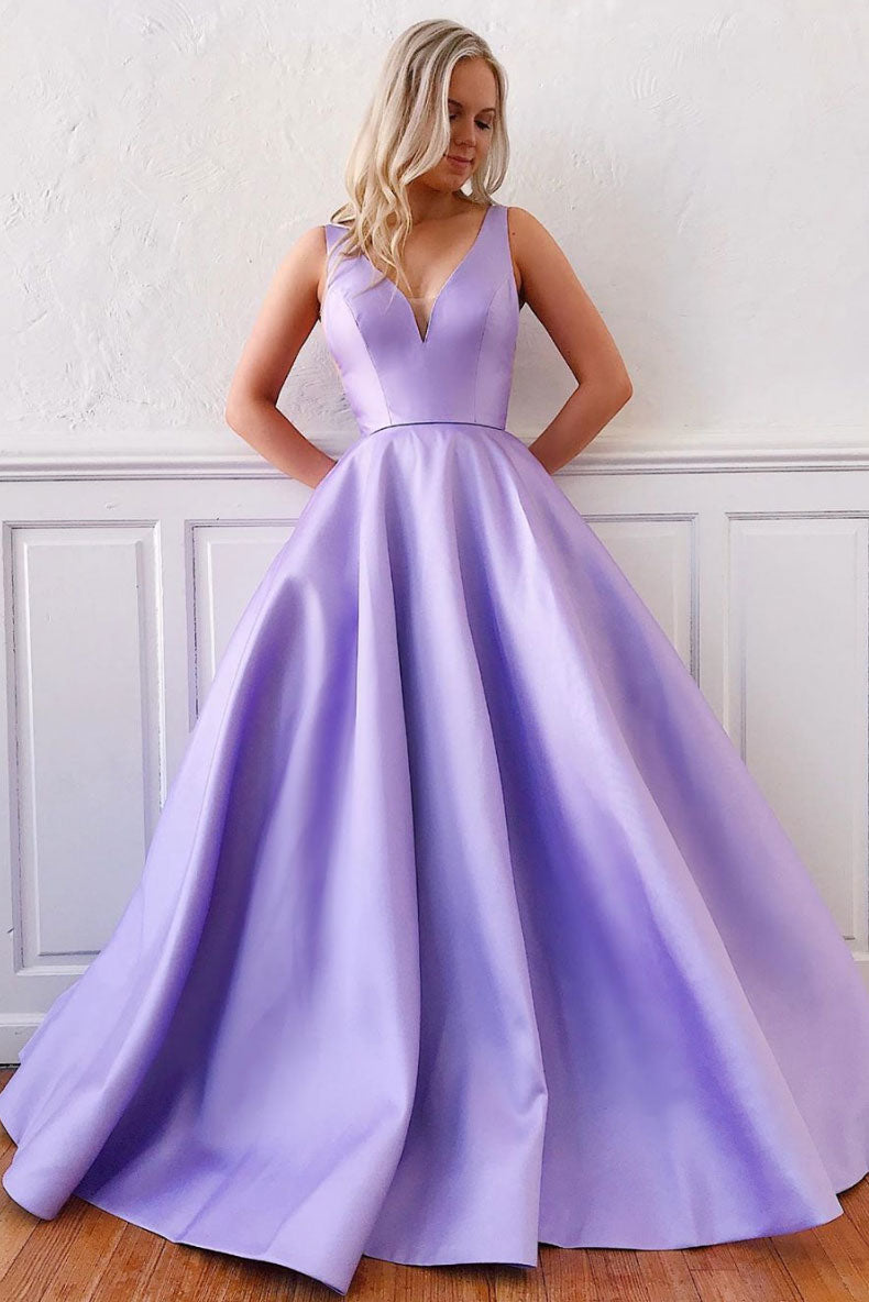 Simple V Neck Purple Prom Dress Satin Long Formal Evening Dress