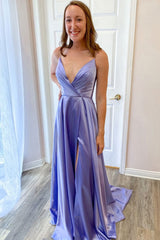 Simple V Neck Purple Prom Dress Satin Long Formal Gown Evening Dress