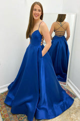 Simple V Neck Satin Blue Prom Dress Long Formal Dress Evening Dress