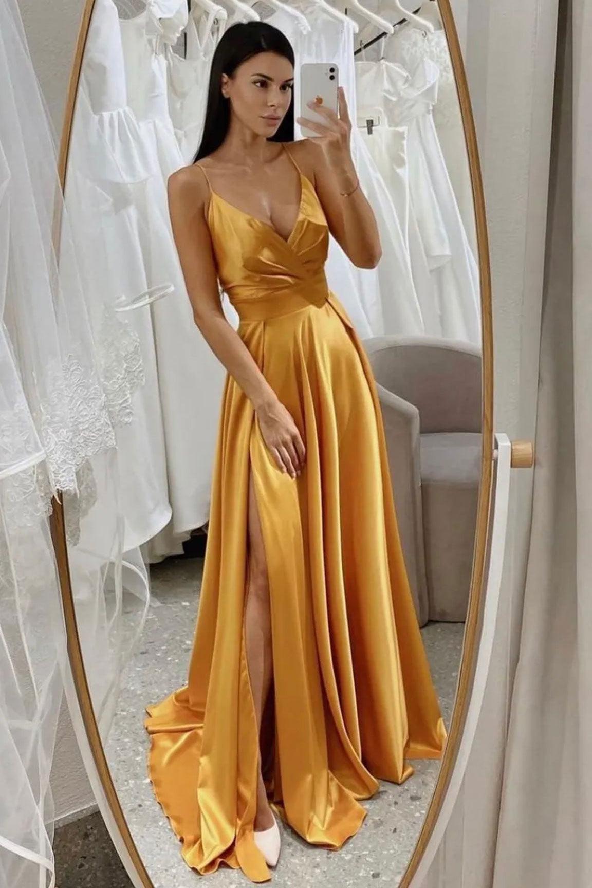 Simple V Neck Satin Gold Prom Dress Long Formal Gown Evening Dress