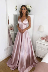 Simple V Neck Satin Long Pink Prom Dress Formal Evening Dress