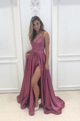 Simple V Neck Satin Long Pink Prom Dress Formal Evening Dress