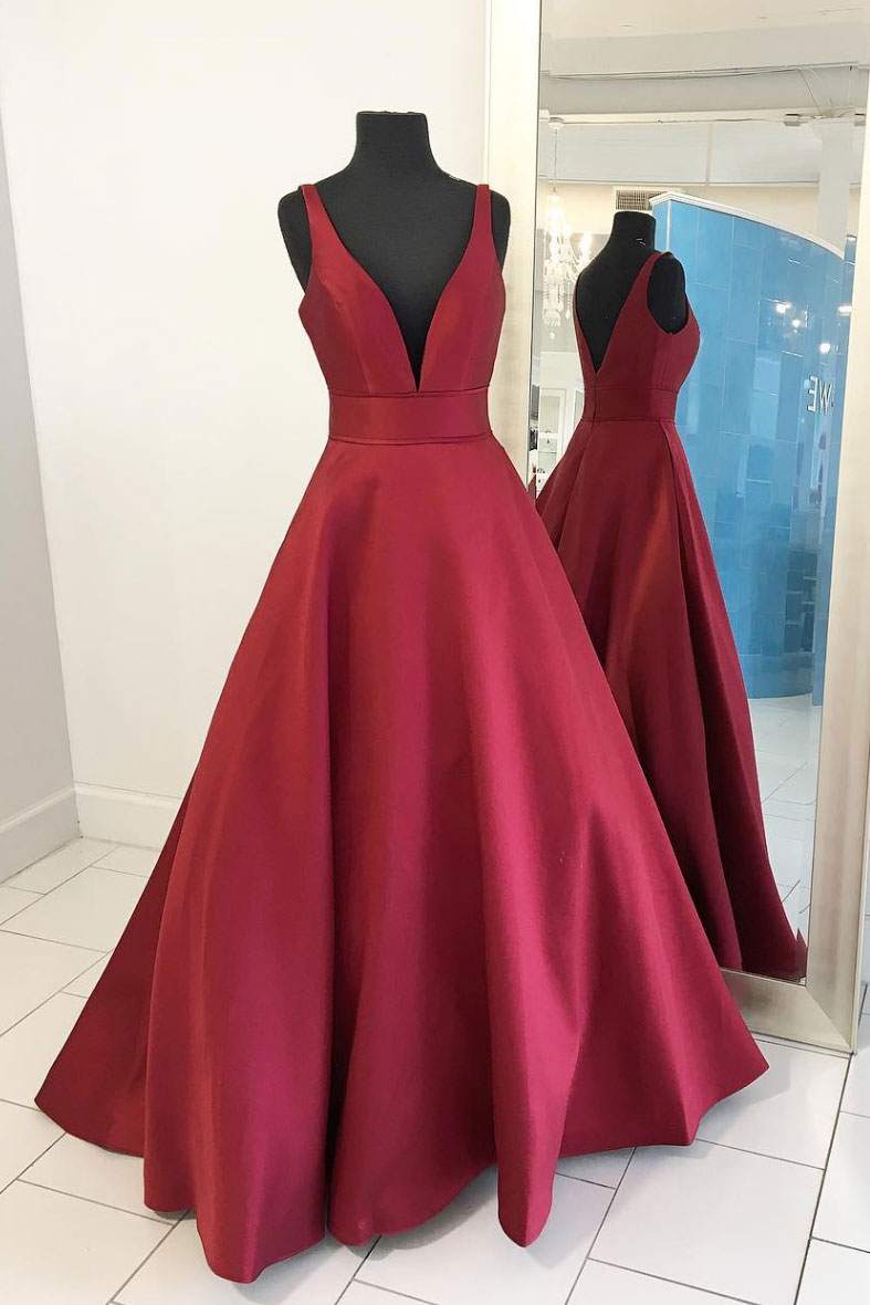 Simple V Neck Satin Long Red Prom Dress Formal Evening Dress