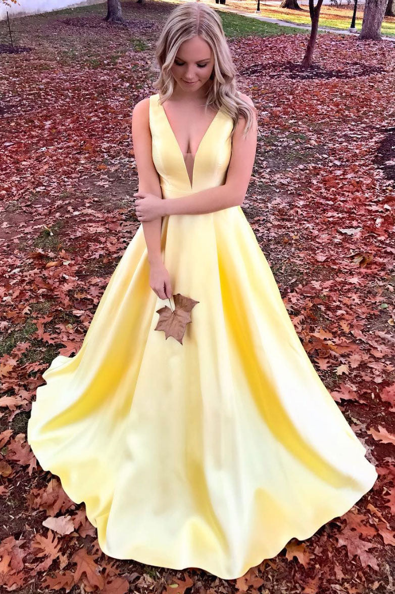 Simple V Neck Yellow Prom Dress Long Formal Evening Dress