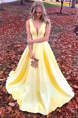 Simple V Neck Yellow Prom Dress Long Formal Evening Dress
