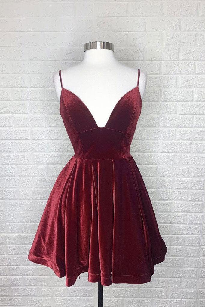 Simple Velvet Cocktail Dress Burgundy V Neck Short Party Dress