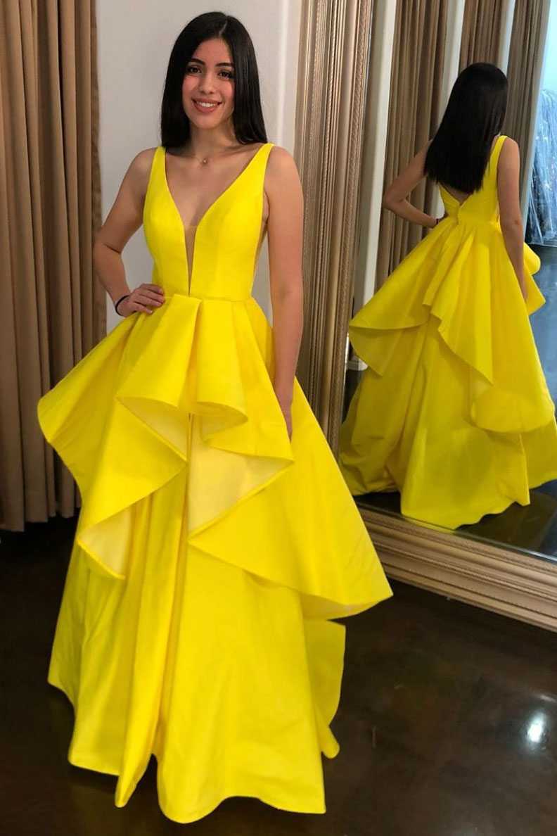 Simple Yellow Prom Dress Satin Long Formal Gown Evening Dress