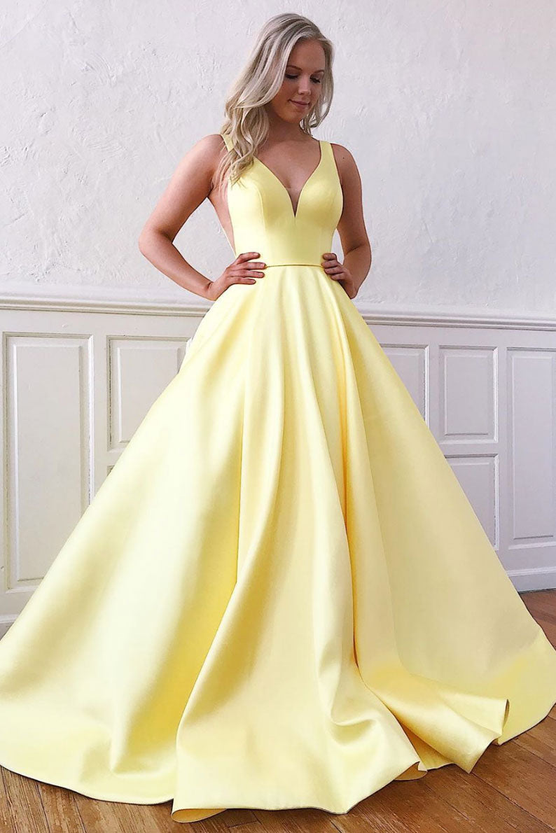 Simple Yellow Prom Dress V Neck Satin Long Formal Gown Evening Dress