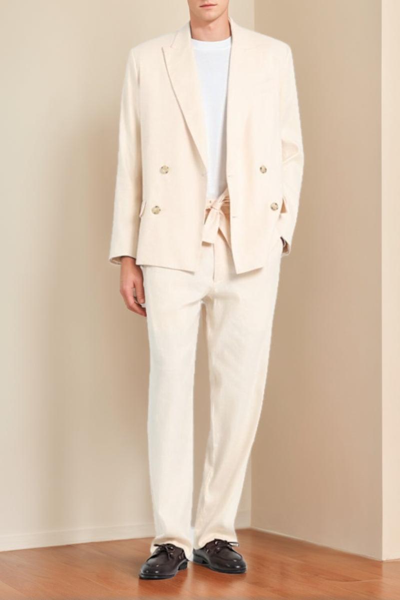 Single-Breasted Men's Cream Suit With Peaked Lapel Four Buttons And Pockets For Business Or Casual Wear