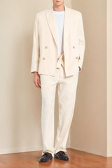 Single-Breasted Men's Cream Suit With Peaked Lapel Four Buttons And Pockets For Business Or Casual Wear