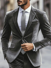 Single-Button Gray Velvet Men's Suit For Weddings And Casual Wear
