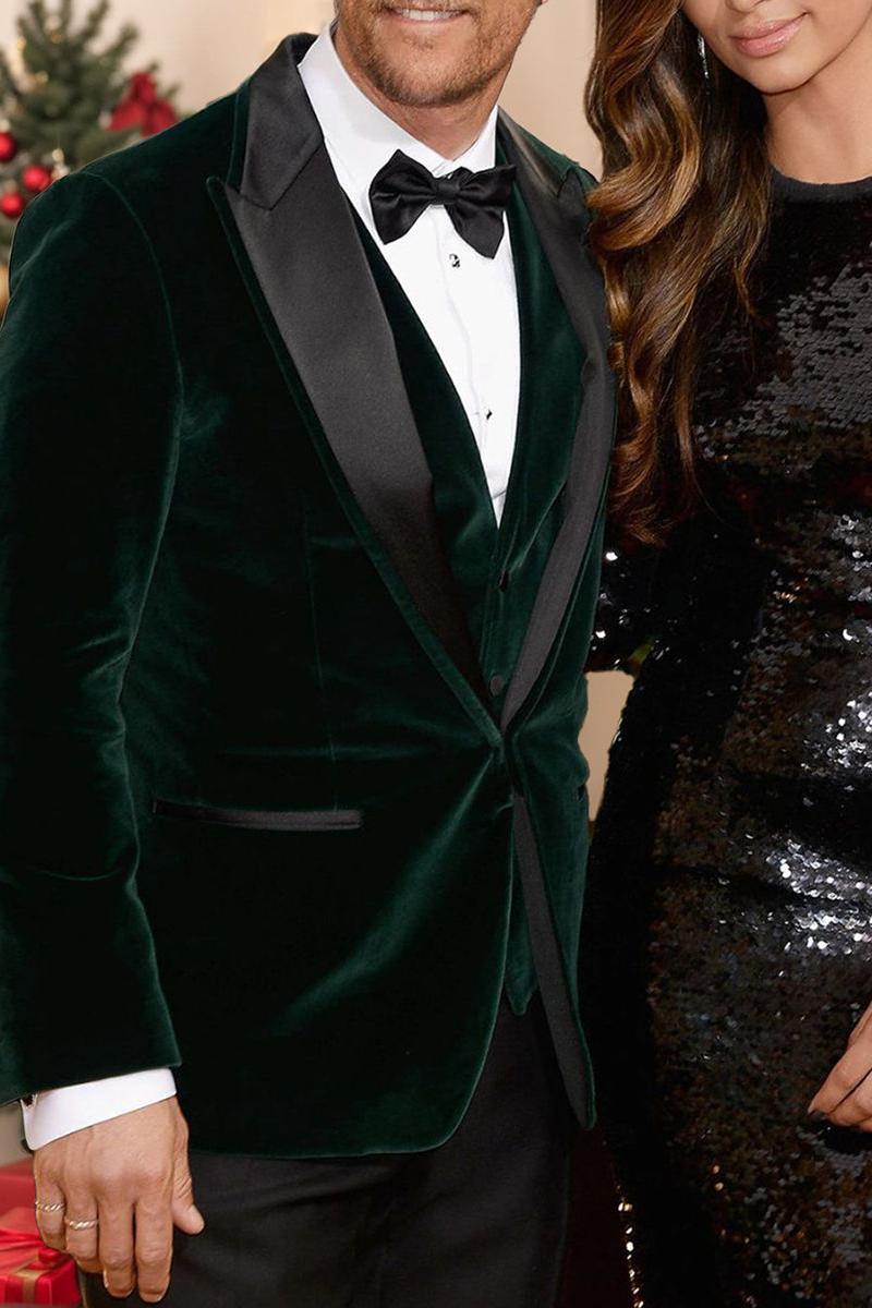Single-Button Solid Dark Green Velvet Suit For Men