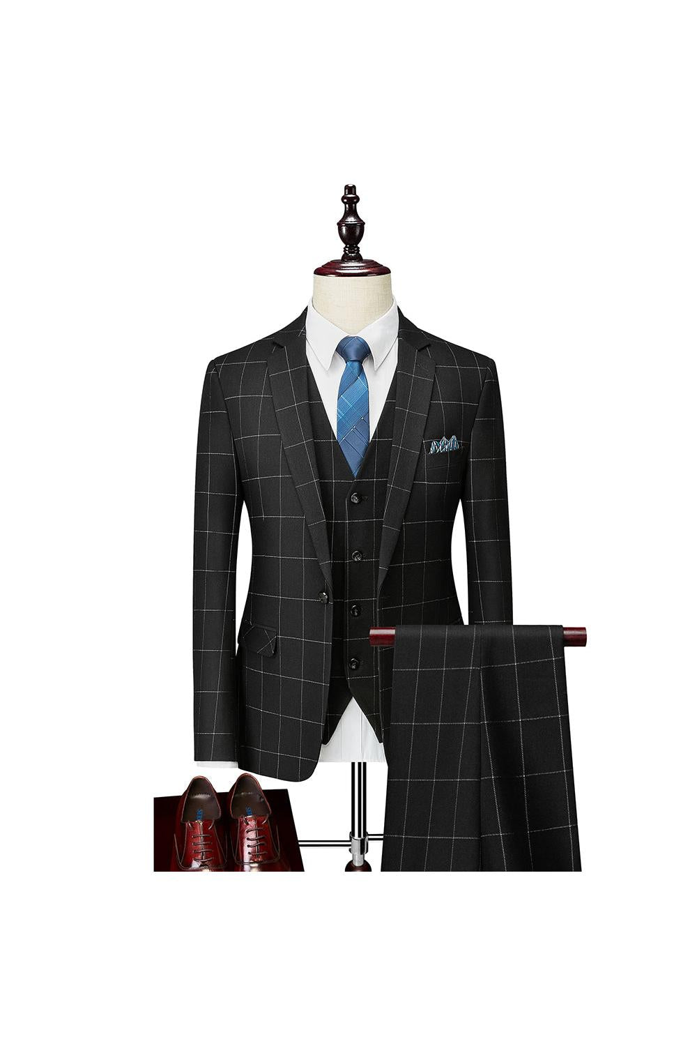Single-Button Tailored Plaid Wedding Suit For Men 3-Piece Set