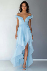 Sky Blue Formal Dress Chiffon Off The Shoulder Ruffled A Line High-Low Wedding Guest Dress
