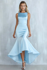 Sky Blue Formal Dress Mermaid Round Neck Satin Long Wedding Guest Dress