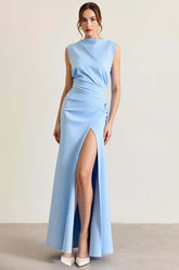 Sky Blue Formal Dress Satin Boat Neck Long Sheath Wedding Guest Dress With Slit