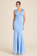 Sky Blue Formal Dress Satin Sheath V Neck Long Wedding Guest Dress With Flowers