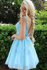 Sky Blue Homecoming Dress Lace Formal Graduation Short Party Cocktail Dress