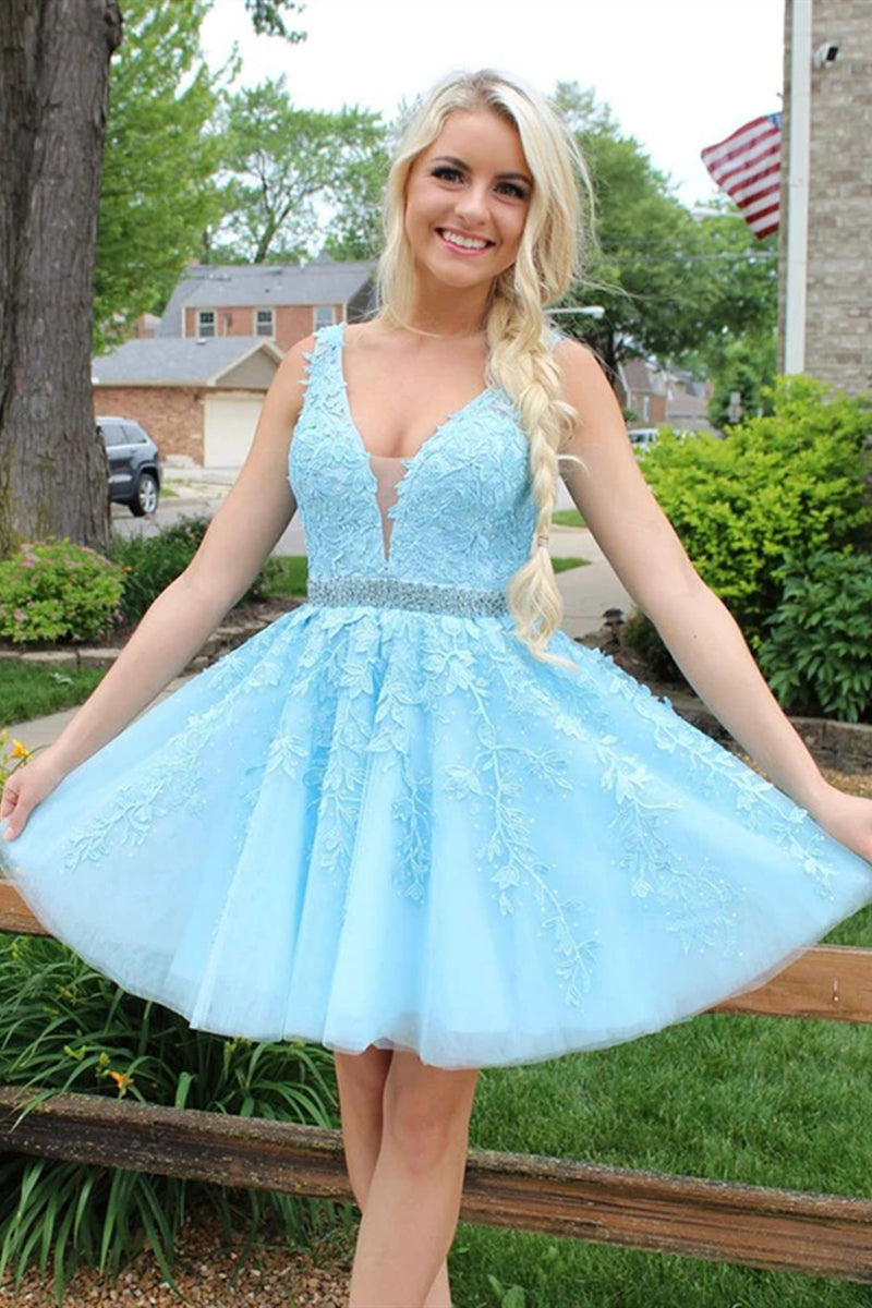 Sky Blue Homecoming Dress Lace Formal Graduation Short Party Cocktail Dress