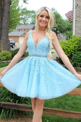 Sky Blue Homecoming Dress Lace Formal Graduation Short Party Cocktail Dress
