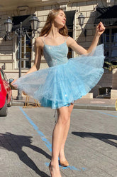 Sky Blue Homecoming Dress Sequin Lace Delicate Beading Bodice Short Party Cocktail Dress
