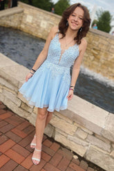 Sky Blue Homecoming Dress V neck Tulle with Delicate Appliques Short Party Cocktail Dress