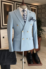 Sky Blue Peaked Lapel Double Breasted Prom Suit