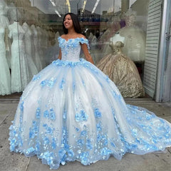 Sky Blue Princess Quinceanera Dresses Off Shoulder Ball Gown 3D Flowers Appliques Beaded Long Train Lace Up Corset Prom Dress Sweet 16 Dress
