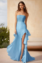 Sky Blue Prom Dress Chiffon Strapless Long Ruffled Formal Dress With Slit