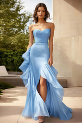 Sky Blue Prom Dress Chiffon Sweetheart Ruffled Long Formal Dress With Slit