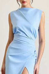 Sky Blue Prom Dress Satin Boat Neck Long Sheath Formal Dress With Slit