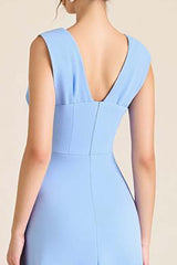 Sky Blue Prom Dress Satin Sheath V Neck Long Formal Dress With Flowers