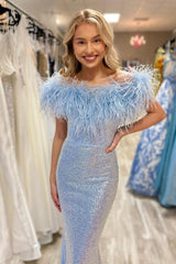 Sky Blue Prom Dress Sequin Mermaid Evening Dress with Feather