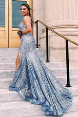 Sky Blue Prom Dress Sequined Strapless Long Evening Dress