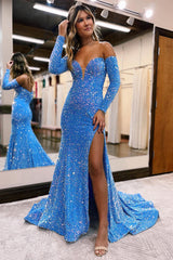 Sky Blue Sequins Long Sleeves Mermaid Prom Dress with Slit