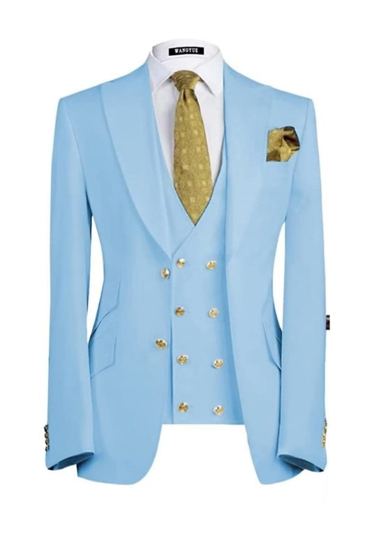 Sky Blue Three Piece Peaked Lapel Prom Suit